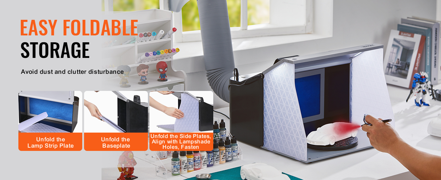 VEVOR airbrush spray booth with a foldable design for easy storage, shown in a clean, clutter-free workspace.