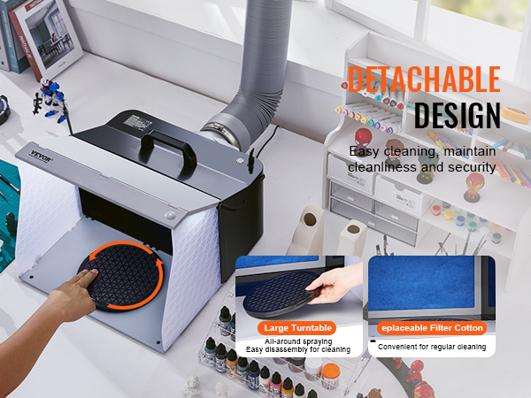 VEVOR airbrush spray booth with large turntable and replaceable filter cotton for easy cleaning.