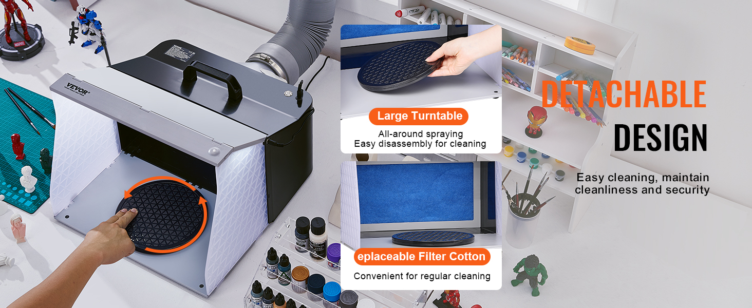 VEVOR airbrush spray booth with large turntable and replaceable filter cotton for easy cleaning.