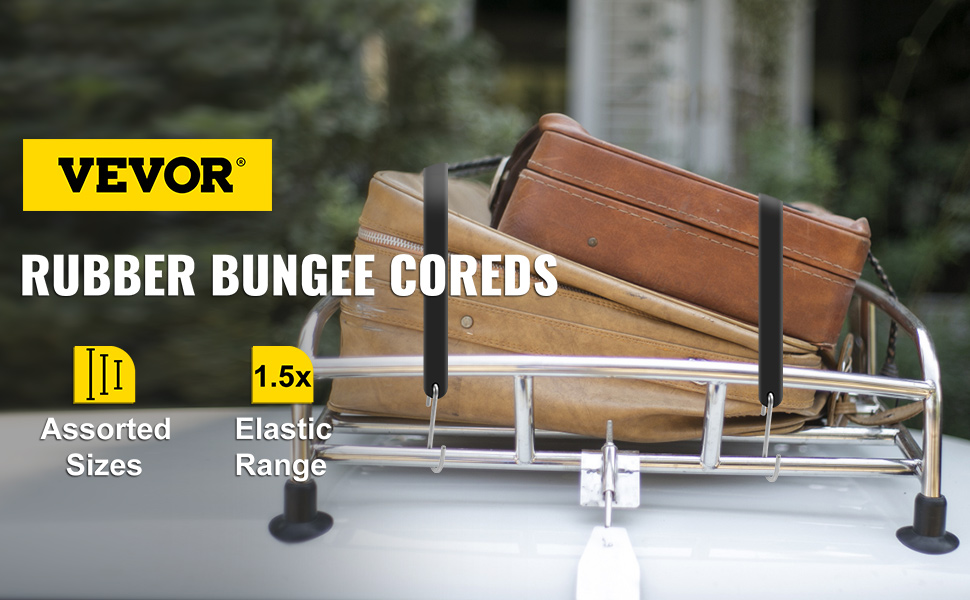VEVOR rubber bungee cords securing brown luggage on a metal roof rack with assorted sizes and 1.5x elastic range.