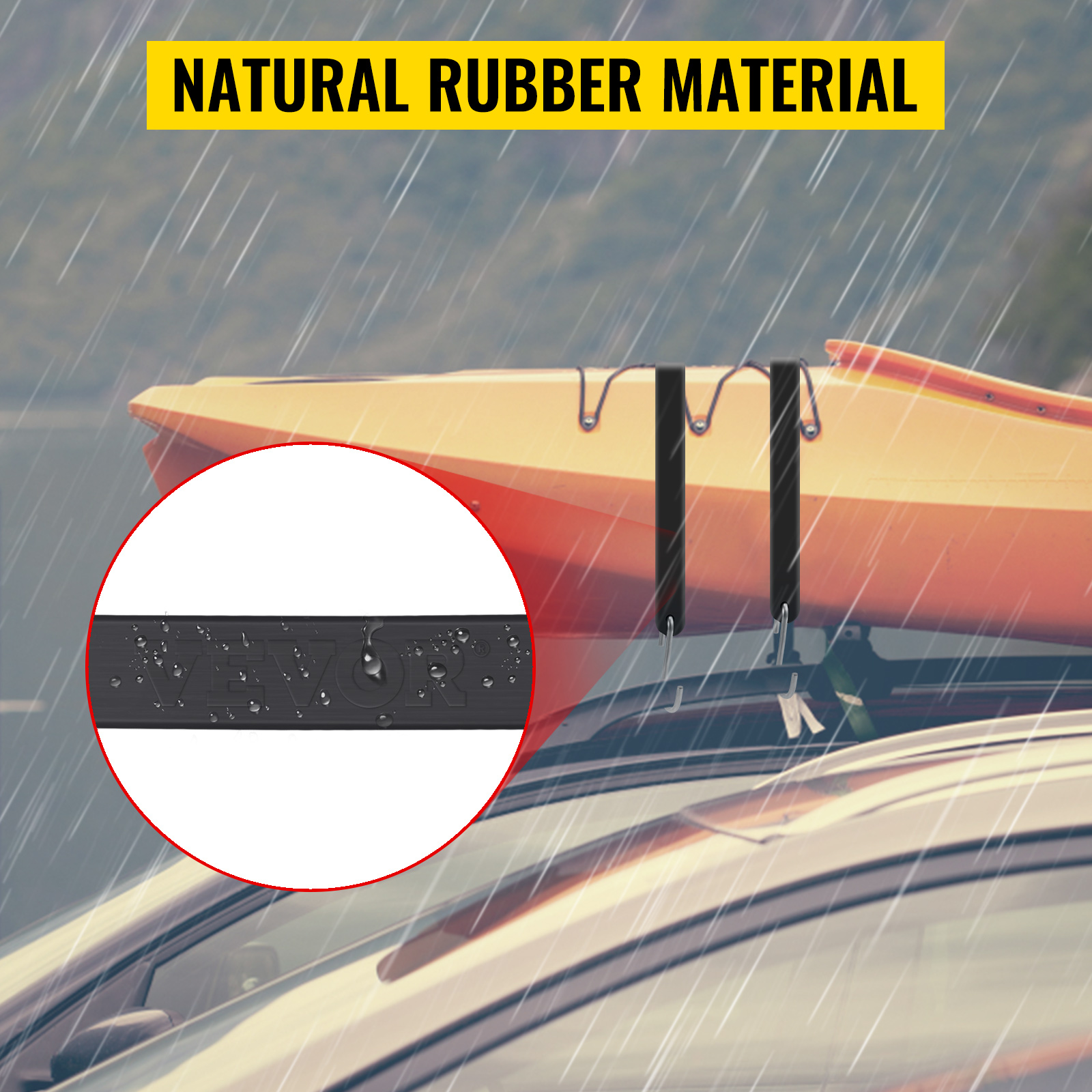 car carrying kayak secured with VEVOR rubber bungee cords, highlighting natural rubber material in rain.