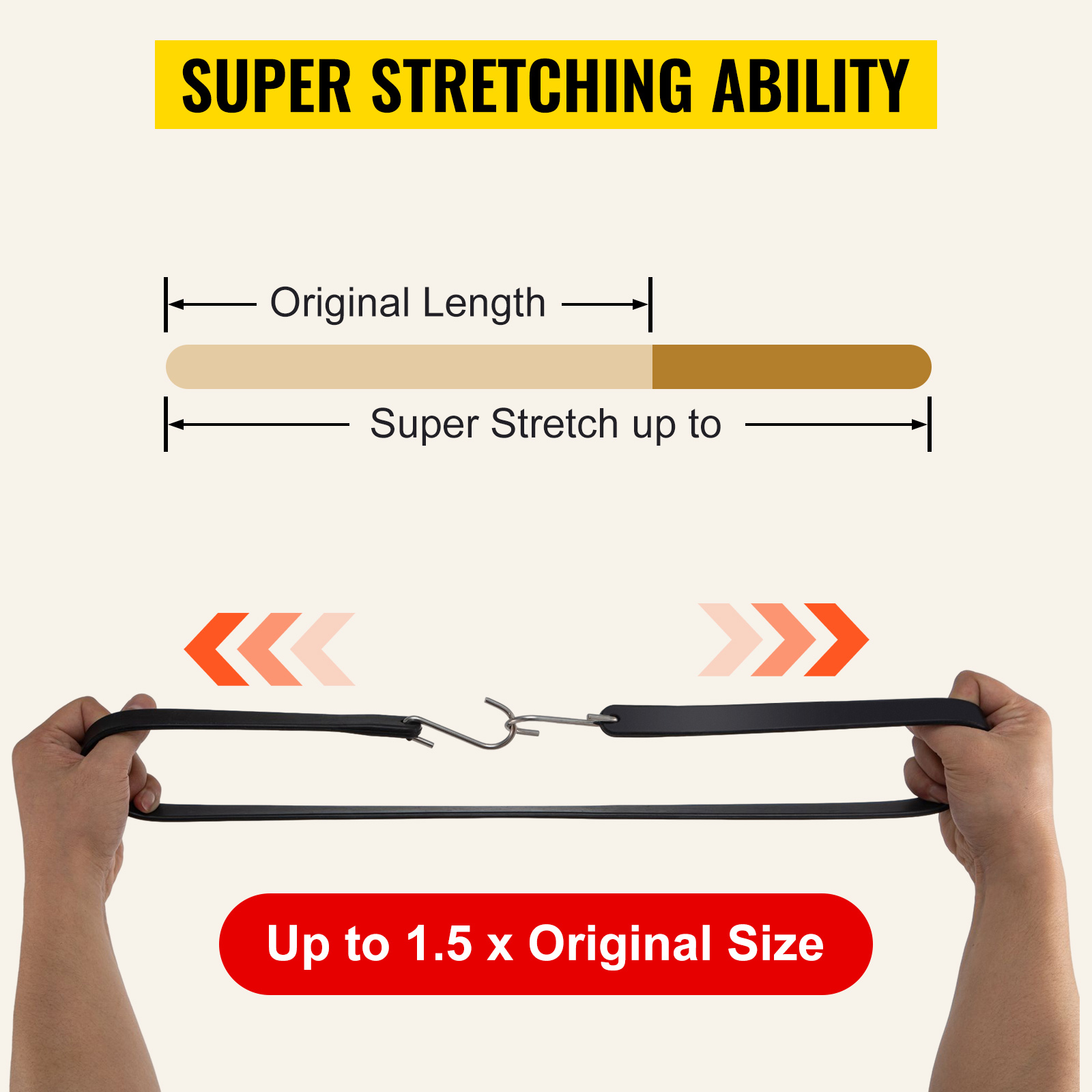 VEVOR rubber bungee cords with super stretching ability up to 1.5x original length.
