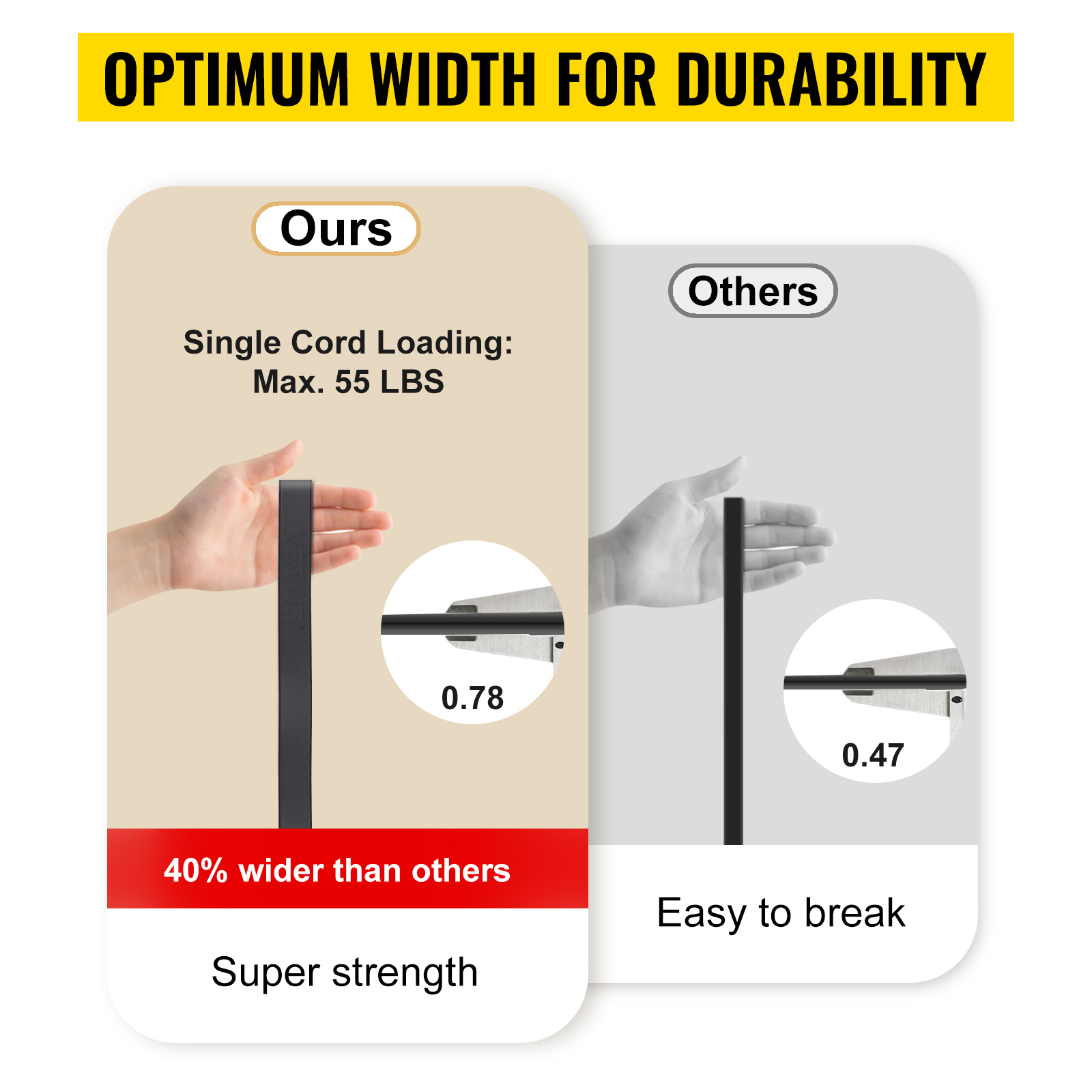 VEVOR rubber bungee cords: 40% wider for durability, super strength, 0.78 width vs. 0.47 width others.