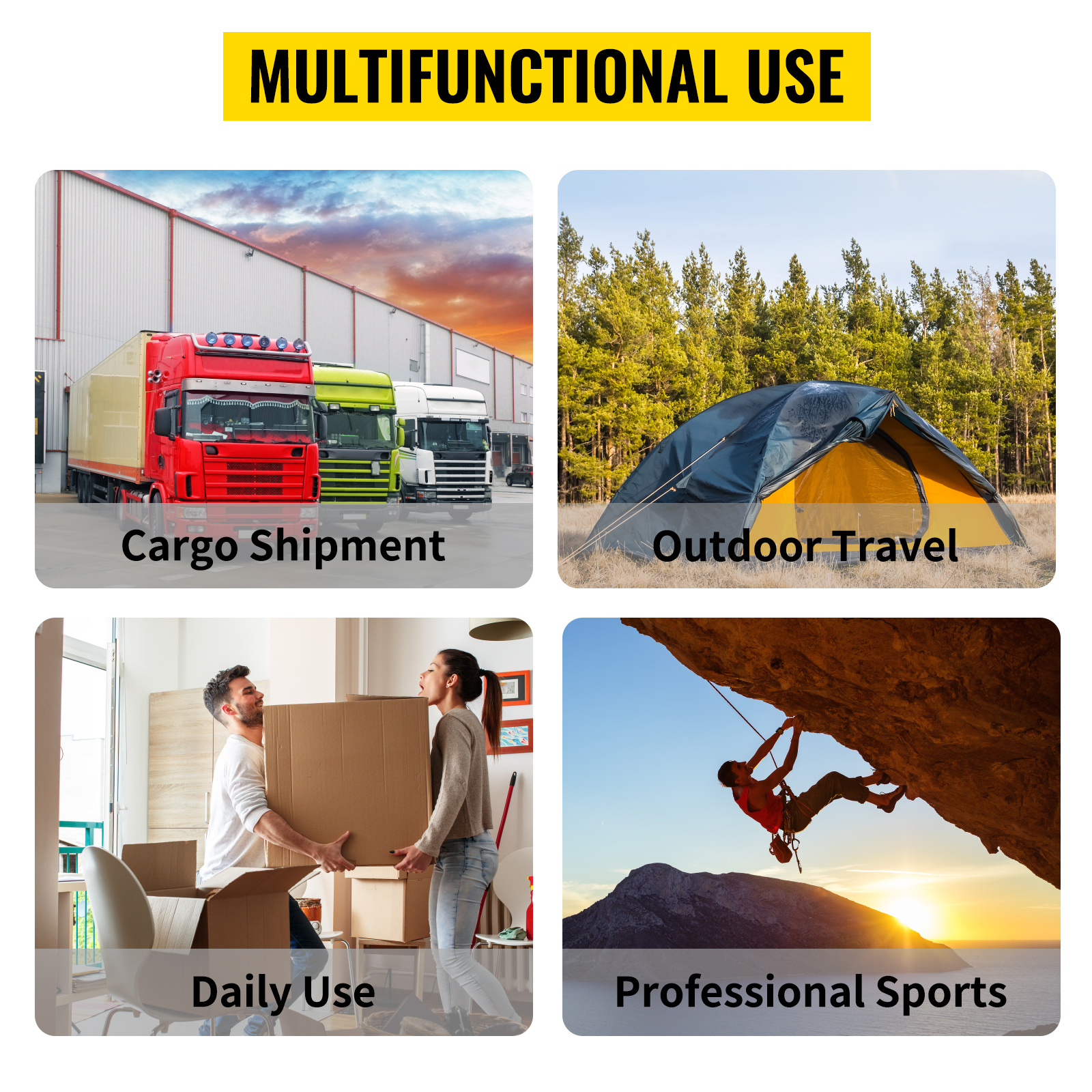 VEVOR rubber bungee cords are shown for cargo shipment, outdoor travel, daily use, and professional sports.