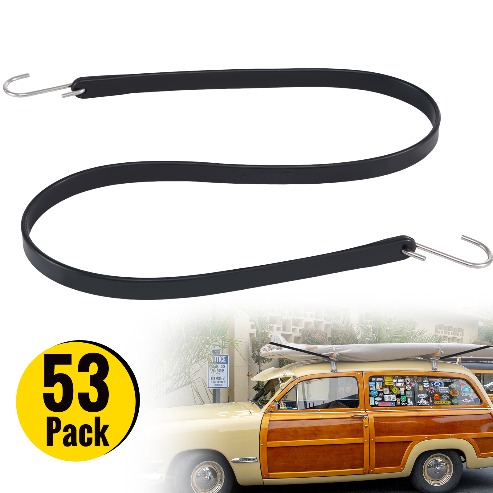 VEVOR rubber bungee cords 53-pack showcased with a classic car and surfboard in the background.