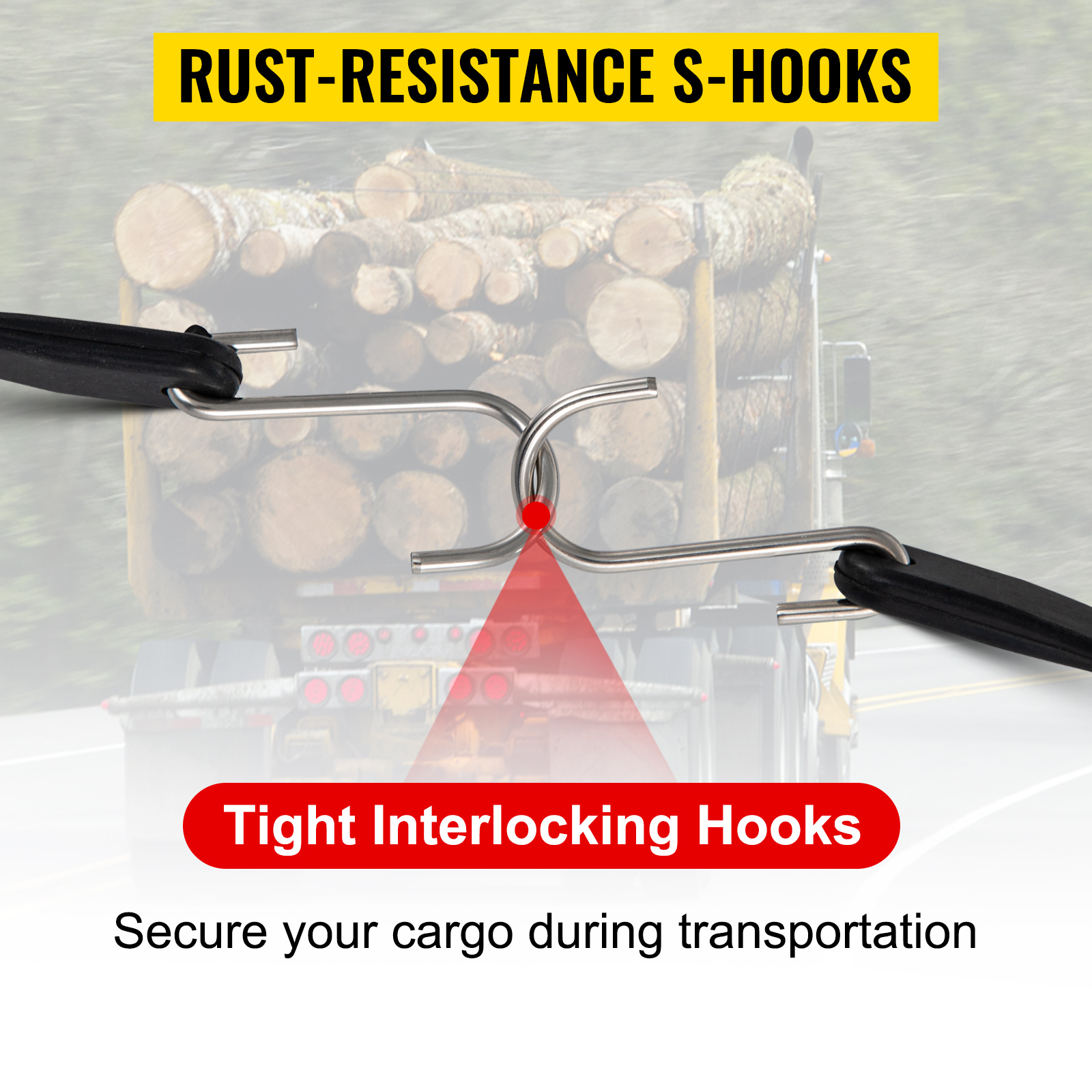 tight interlocking hooks of VEVOR rubber bungee cords securing cargo on a truck with rust-resistant s-hooks.