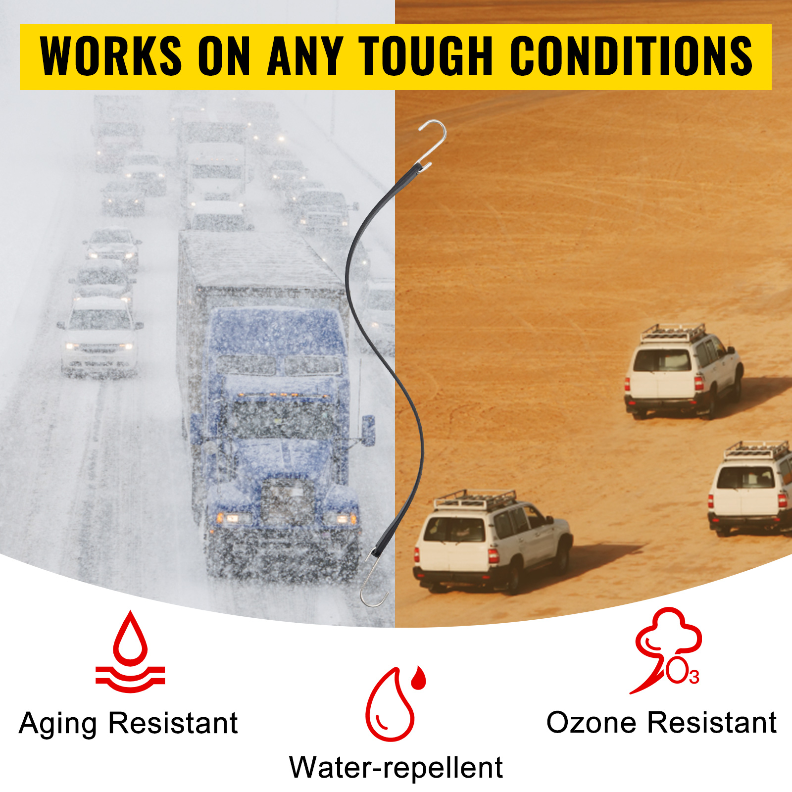 VEVOR rubber bungee cords work in tough conditions: aging, water, and ozone resistant.