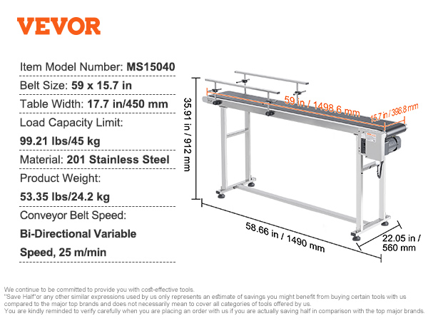 VEVOR belt conveyor, model ms15040 with 59x15.7 in stainless steel belt, 99.21 lbs load capacity.