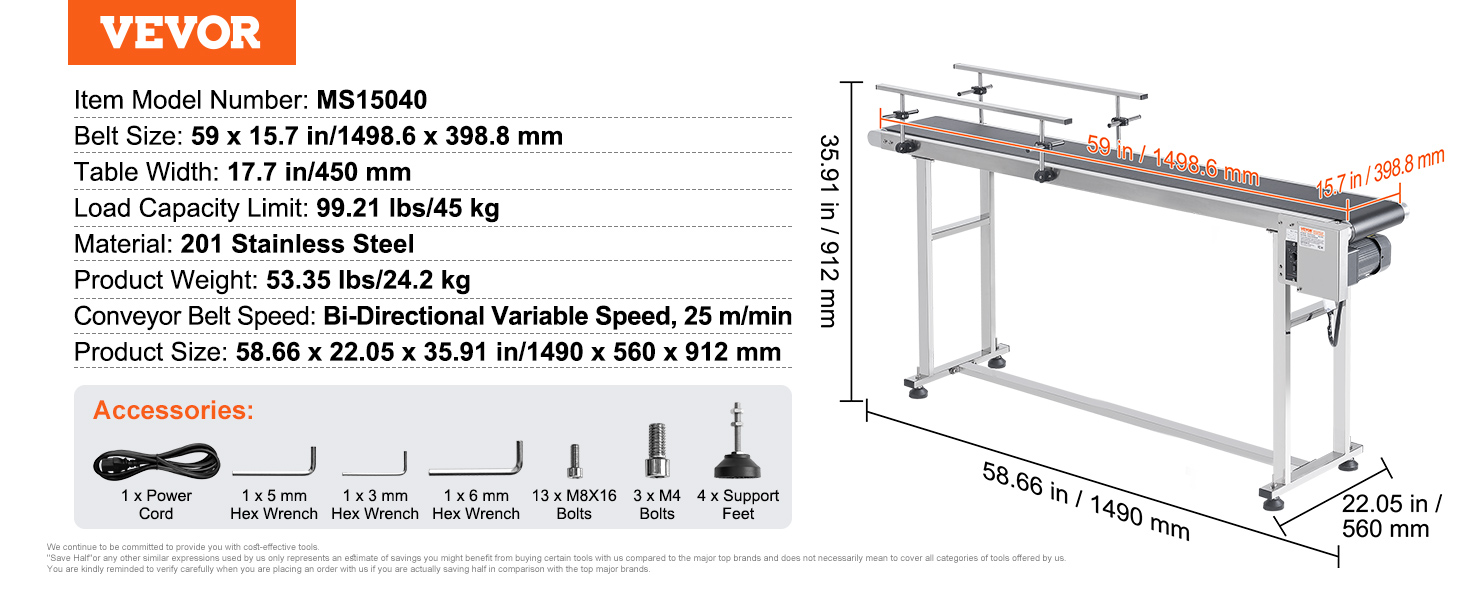 VEVOR belt conveyor, model ms15040 with 59x15.7 in stainless steel belt, 99.21 lbs load capacity.