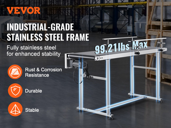 VEVOR belt conveyor with stainless steel frame, rust resistance, and 99.21 lbs max load capacity.