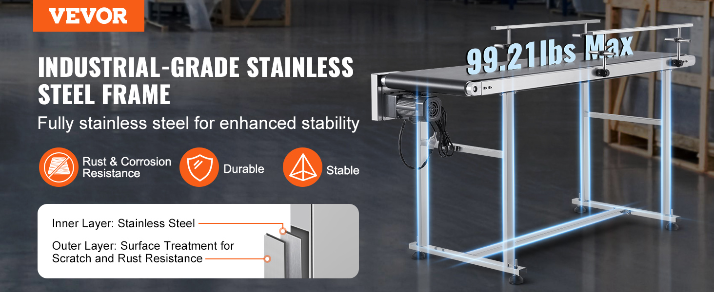 VEVOR belt conveyor with stainless steel frame, rust resistance, and 99.21 lbs max load capacity.