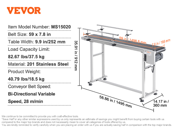 VEVOR belt conveyor ms15020 with 59 x 7.8 in belt, 82.67 lbs load limit, and bi-directional variable speed.