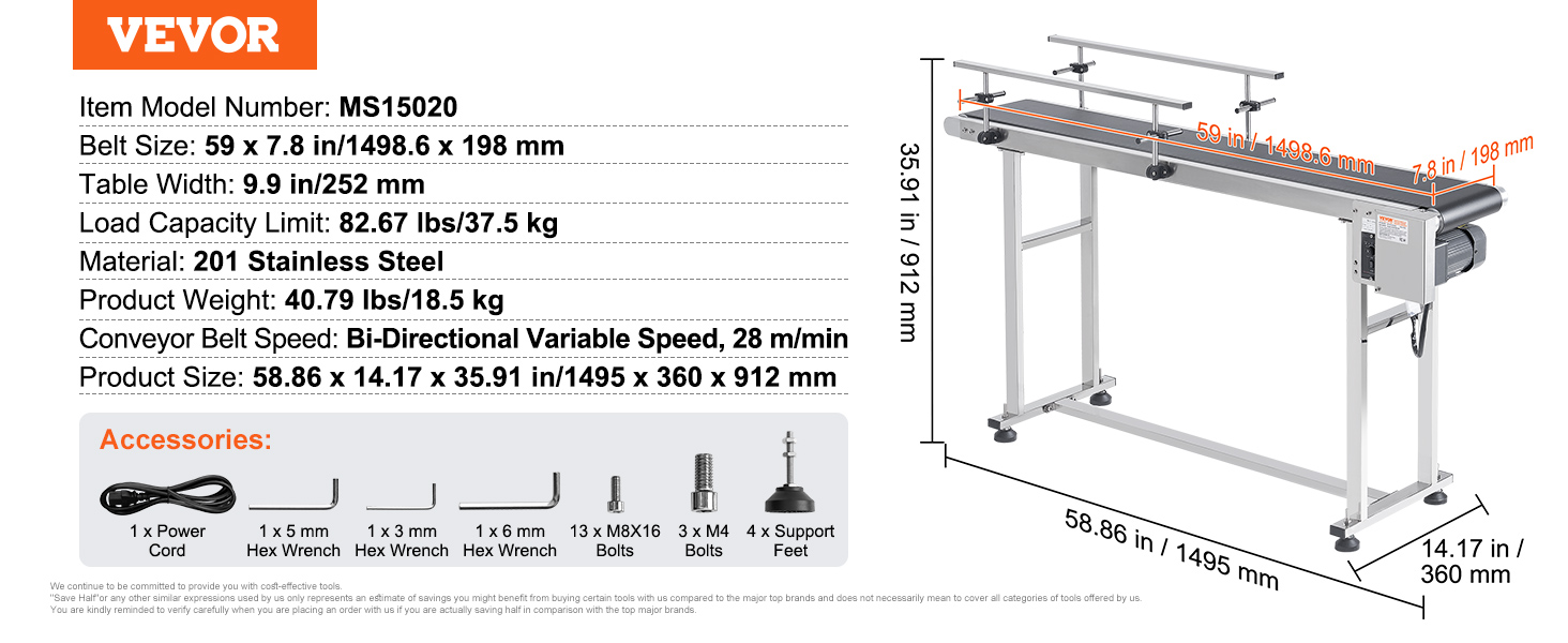 VEVOR belt conveyor ms15020 with 59 x 7.8 in belt, 82.67 lbs load limit, and bi-directional variable speed.
