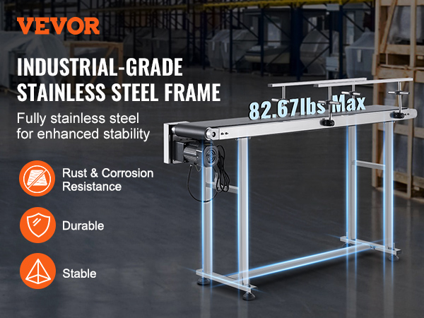 VEVOR belt conveyor with industrial-grade stainless steel frame, max weight capacity 82.67lbs. durable and stable.