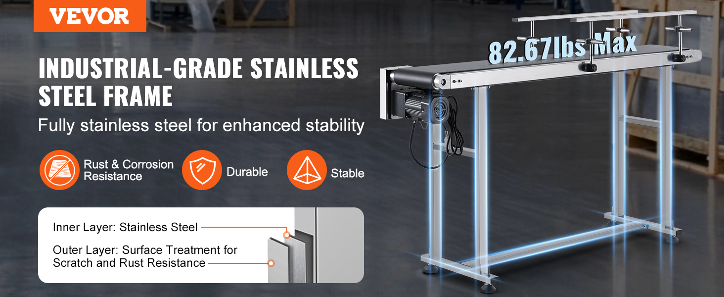 VEVOR belt conveyor with industrial-grade stainless steel frame, max weight capacity 82.67lbs. durable and stable.