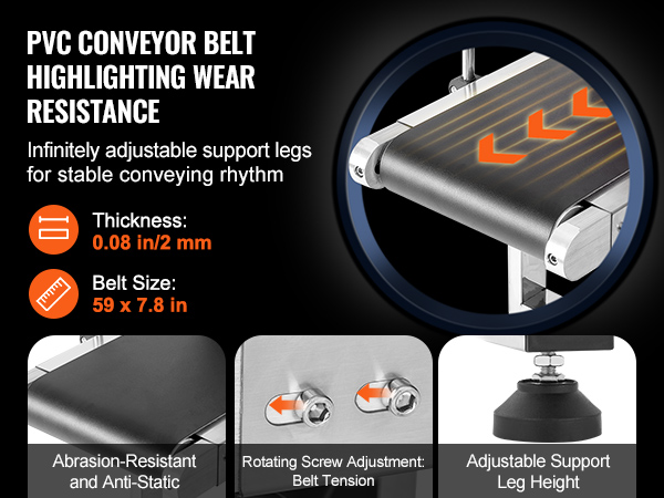 pvc conveyor belt with VEVOR belt conveyor. adjustable support legs, belt size 59 x 7.8 in, thickness 0.08 in.