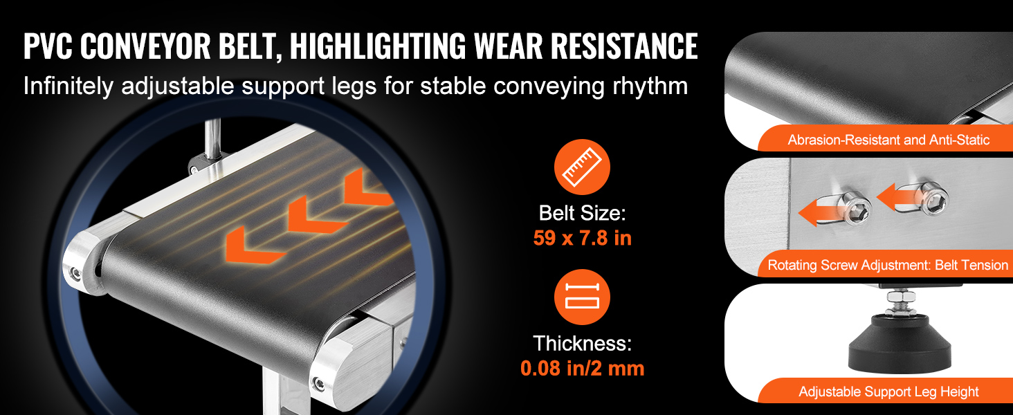 pvc conveyor belt with VEVOR belt conveyor. adjustable support legs, belt size 59 x 7.8 in, thickness 0.08 in.