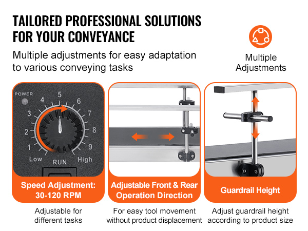 speed adjustment dial, directional control arrows, and adjustable guardrail height for VEVOR belt conveyor.