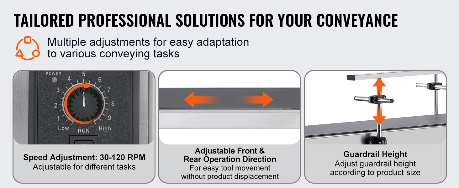 speed adjustment dial, directional control arrows, and adjustable guardrail height for VEVOR belt conveyor.