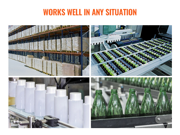 warehouse shelves, packed bottles, white bottles, and green glass bottles on VEVOR belt conveyor.