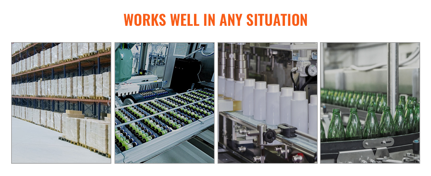 warehouse shelves, packed bottles, white bottles, and green glass bottles on VEVOR belt conveyor.