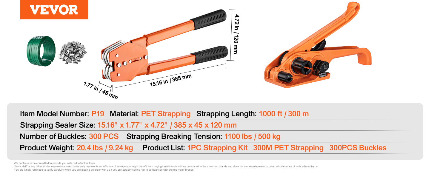 VEVOR banding strapping kit with pet strapping, buckles, and tensioning tool for heavy-duty packaging.