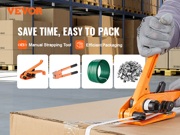 VEVOR banding strapping kit for efficient packaging in a warehouse, showcasing tools and materials. save time.