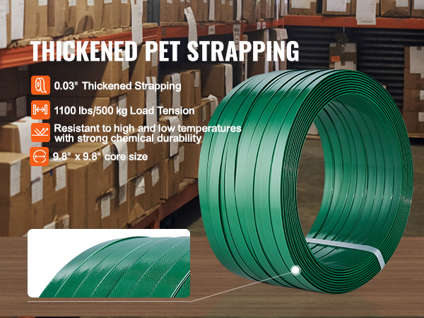VEVOR banding strapping kit with 1100 lbs tension, 0.03" thick, 9.8" core, durable in warehouses.
