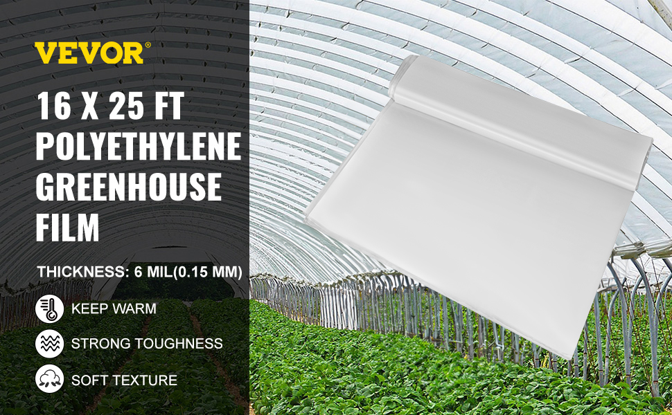 VEVOR greenhouse film, 16x25 ft, polyethylene, 6 mil thickness, strong and soft, keeps warm.