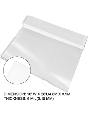 clear VEVOR greenhouse film roll, 16'w x 28'l, 6 mil thickness.