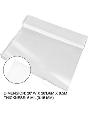 clear plastic sheet, VEVOR greenhouse film, 20'x28', 6 mil thickness, close-up inset.