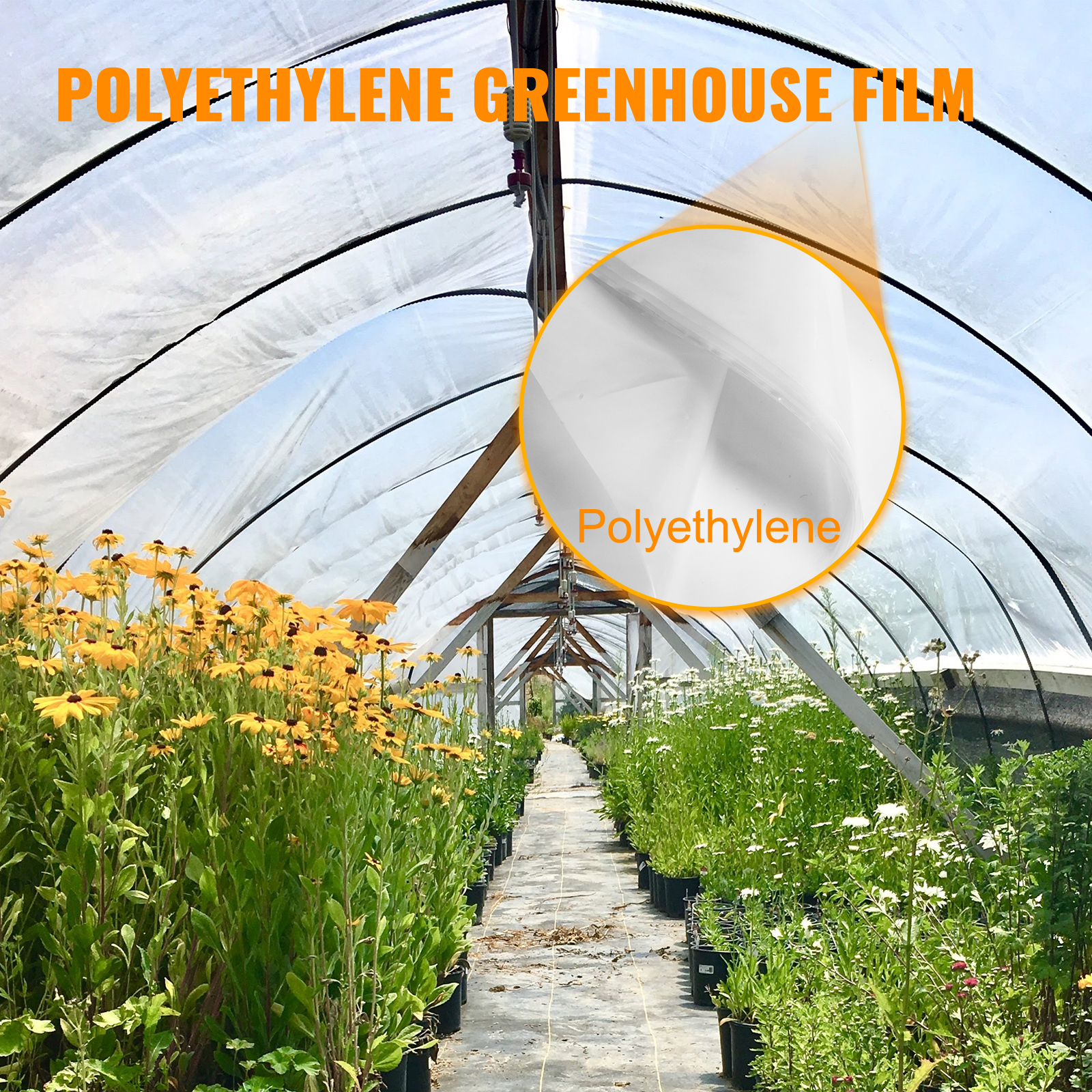 VEVOR greenhouse film covering a hoophouse with blooming flowers inside.