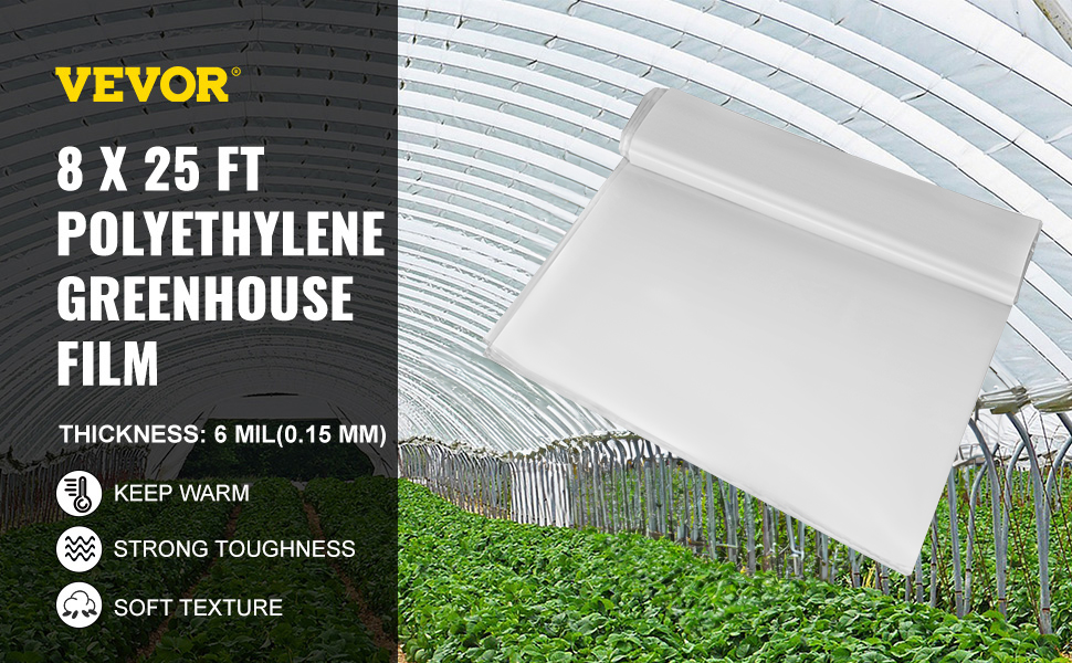 VEVOR greenhouse film, 8x25 ft, polyethylene, 6 mil, above green plants in a greenhouse.