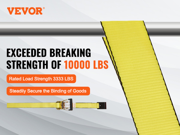 VEVOR ratchet tie down straps with 10000 lbs breaking strength, 3333 lbs rated load strength.