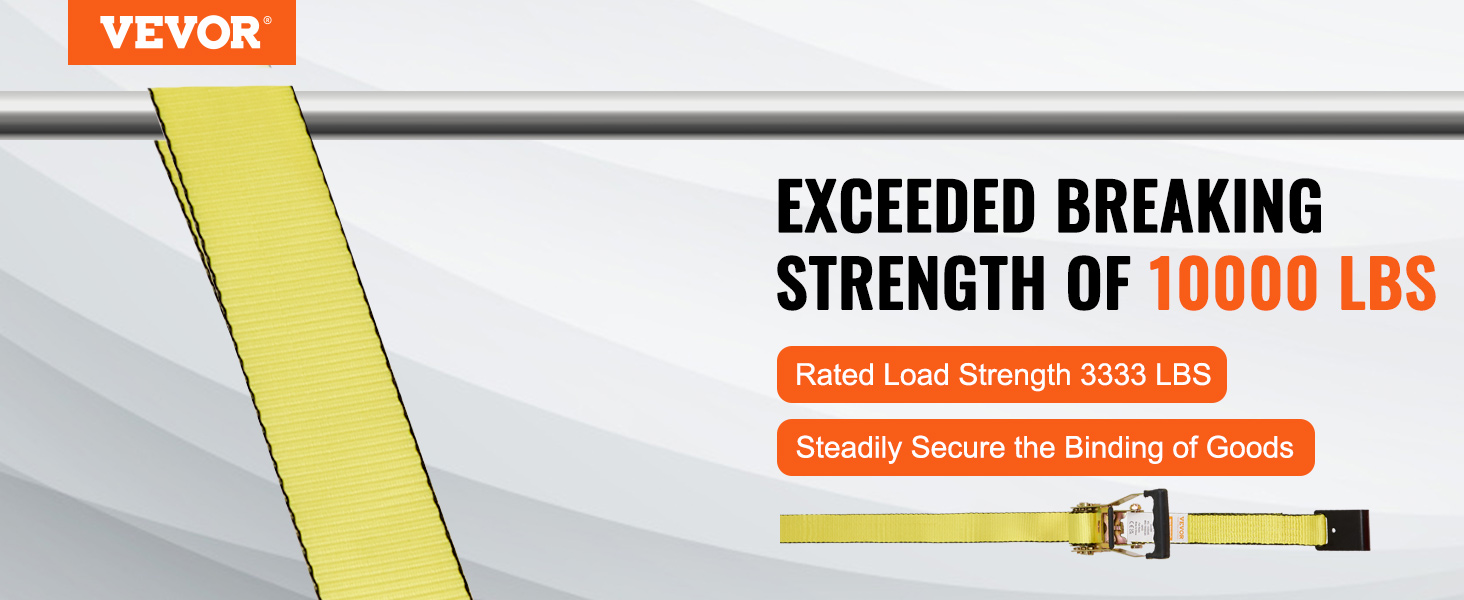 VEVOR ratchet tie down straps with 10000 lbs breaking strength, 3333 lbs rated load strength.