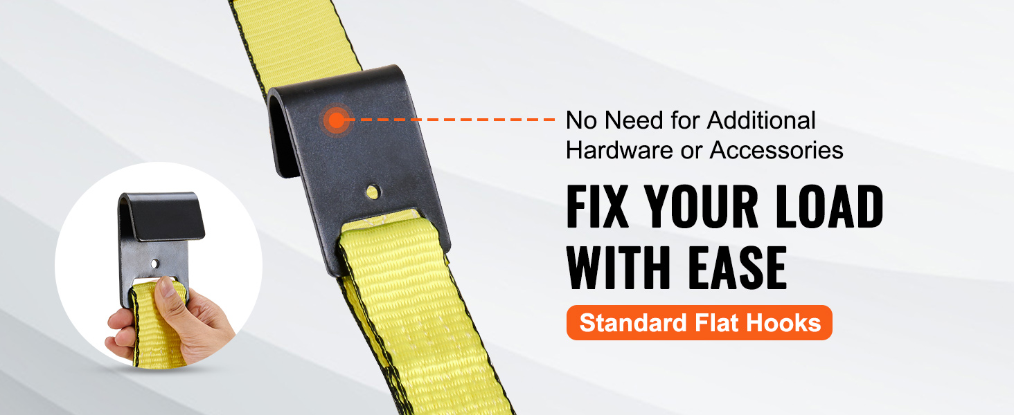yellow VEVOR ratchet tie down straps with black standard flat hooks for easy load fixing.