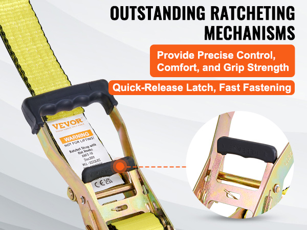 VEVOR ratchet tie down straps with outstanding ratcheting mechanisms, quick-release latch for fast fastening.