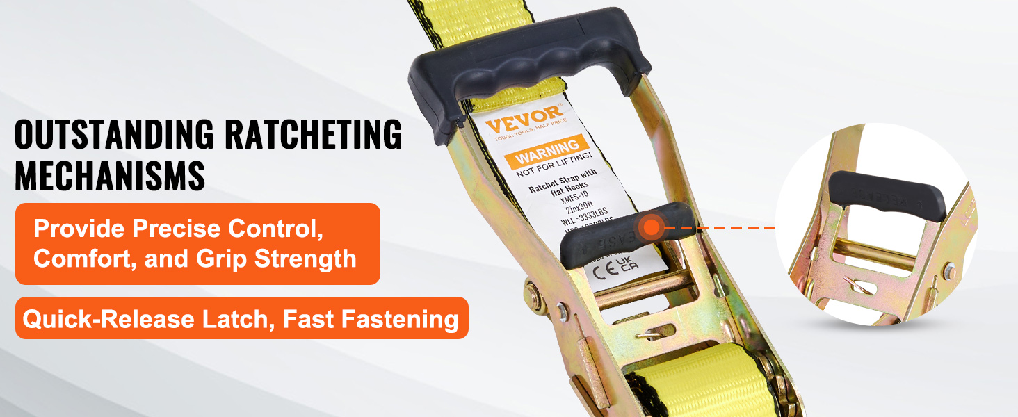 VEVOR ratchet tie down straps with outstanding ratcheting mechanisms, quick-release latch for fast fastening.