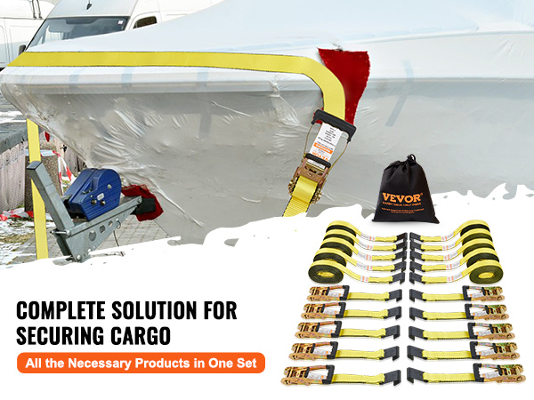 VEVOR ratchet tie down straps set for securing cargo with yellow straps and storage bag.