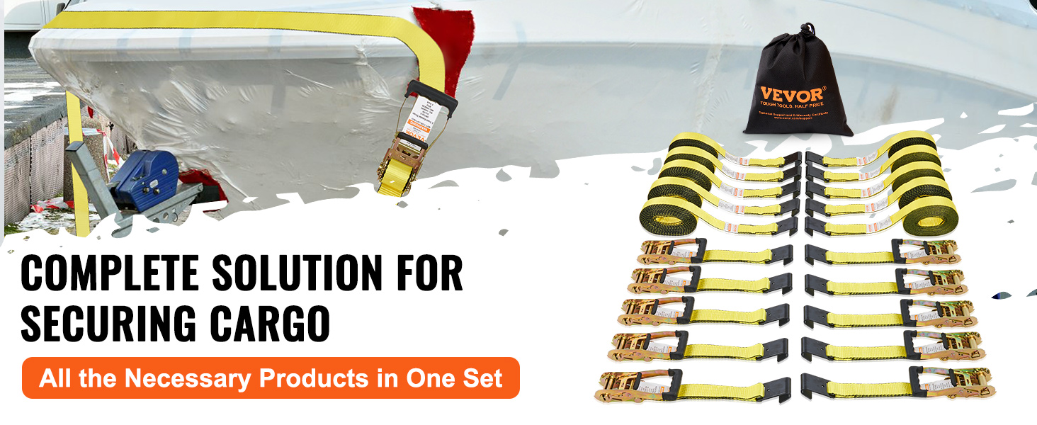 VEVOR ratchet tie down straps set for securing cargo with yellow straps and storage bag.