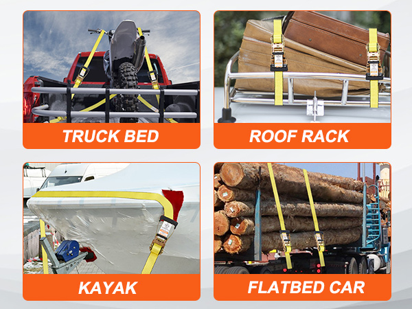 uses of VEVOR ratchet tie down straps on truck beds, roof racks, kayaks, and flatbed cars.