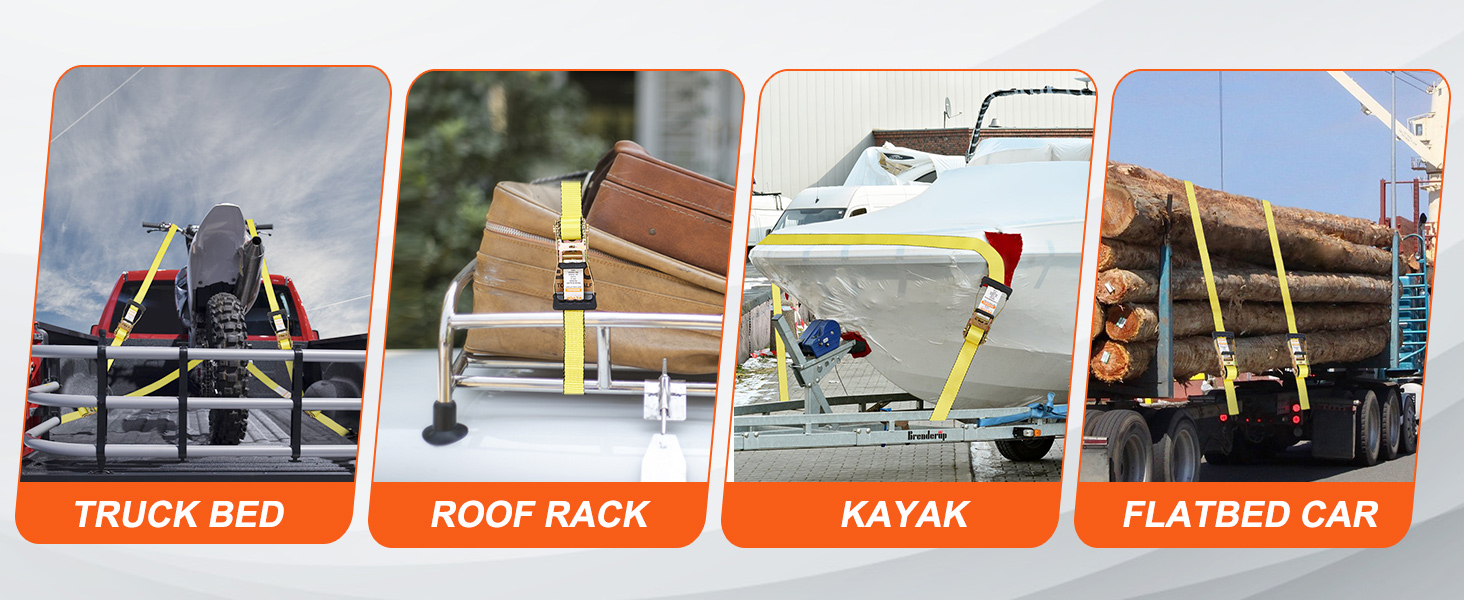 uses of VEVOR ratchet tie down straps on truck beds, roof racks, kayaks, and flatbed cars.