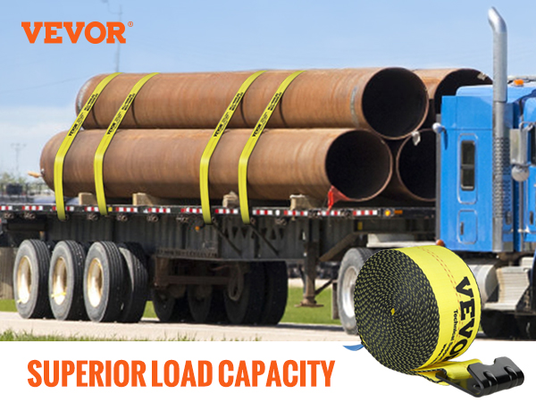 VEVOR winch straps securing large pipes on a blue truck, showcasing superior load capacity and durability.