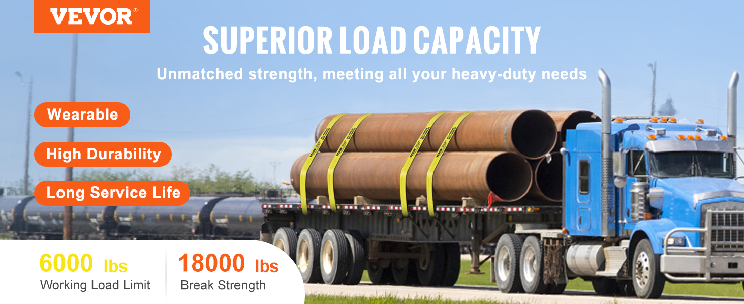 VEVOR winch straps securing large pipes on a blue truck, showcasing superior load capacity and durability.