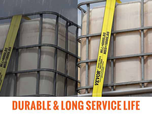 yellow VEVOR winch straps securing large containers, highlighting durability and long service life.