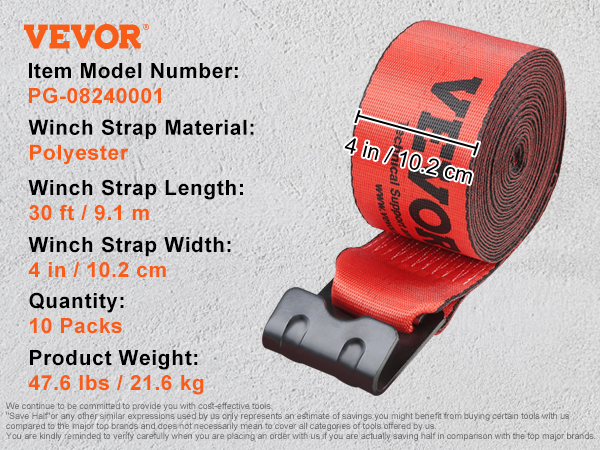 VEVOR winch straps, 30 ft length, 4 in width, red, polyester, 6000 lbs load limit, 10 packs, flat hook.