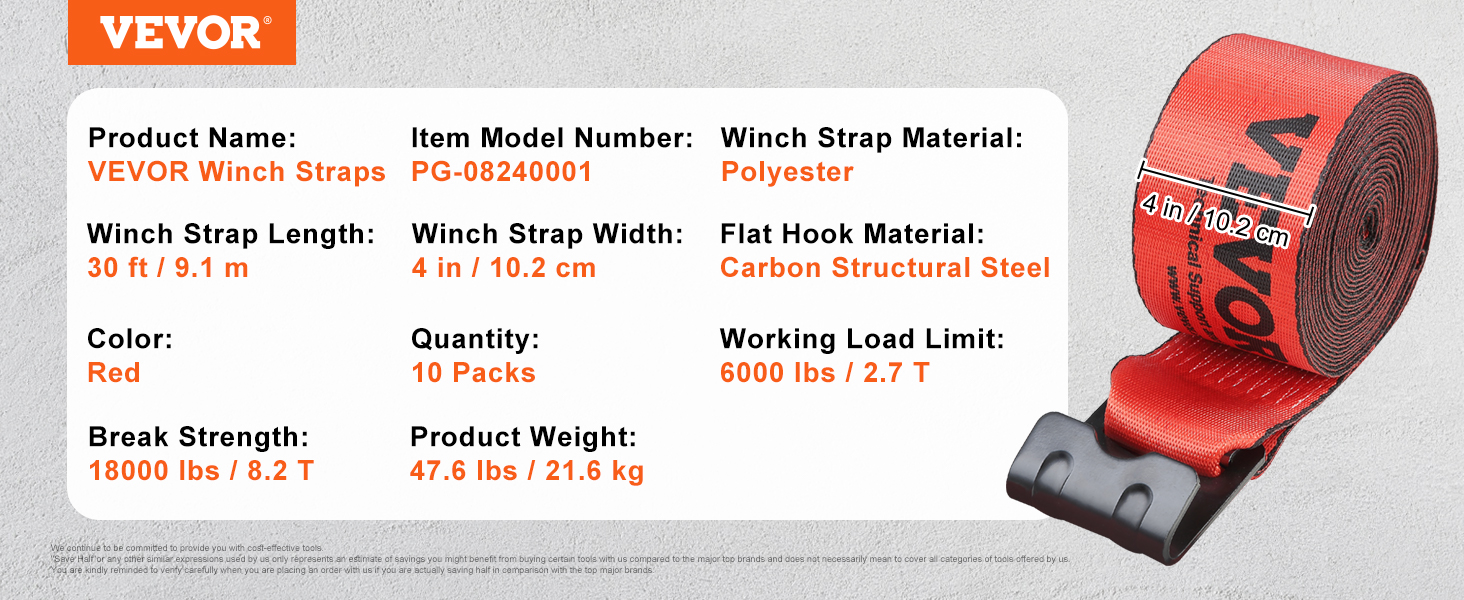 VEVOR winch straps, 30 ft length, 4 in width, red, polyester, 6000 lbs load limit, 10 packs, flat hook.