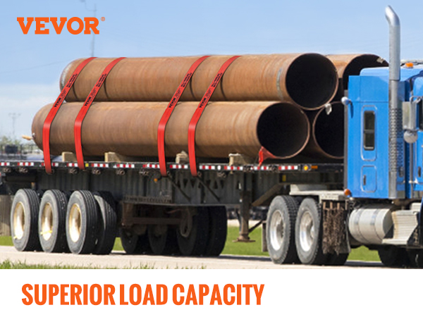 VEVOR truck transporting large pipes showcasing superior load capacity and durability.