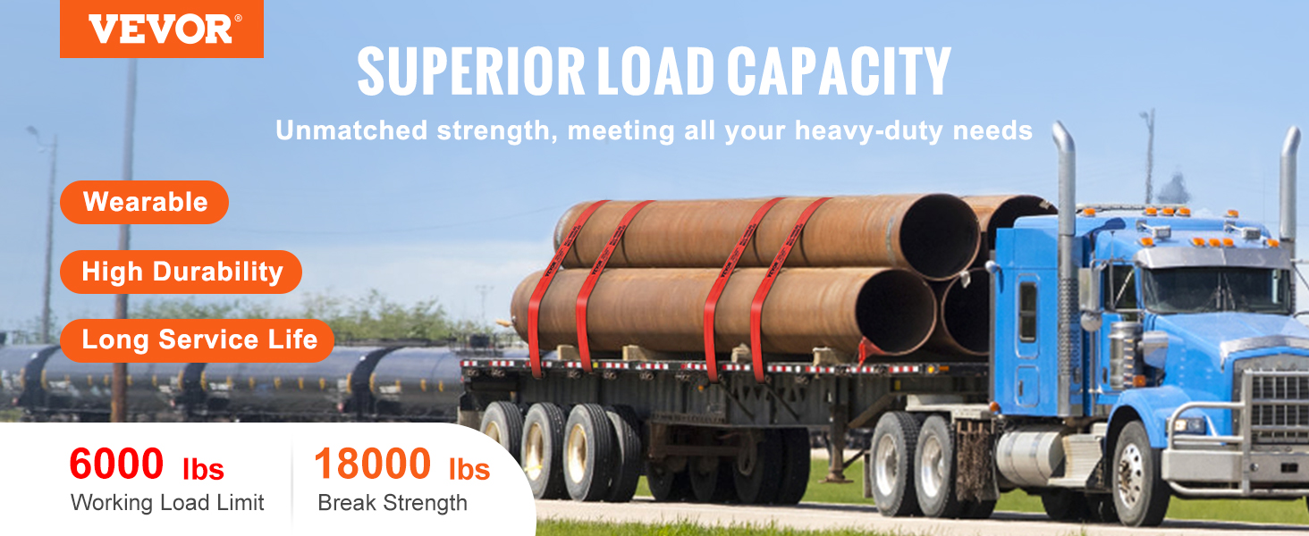 VEVOR truck transporting large pipes showcasing superior load capacity and durability.