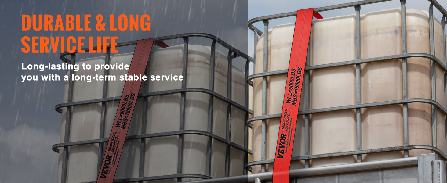 VEVOR winch straps securing industrial containers, showcasing durability and long service life.